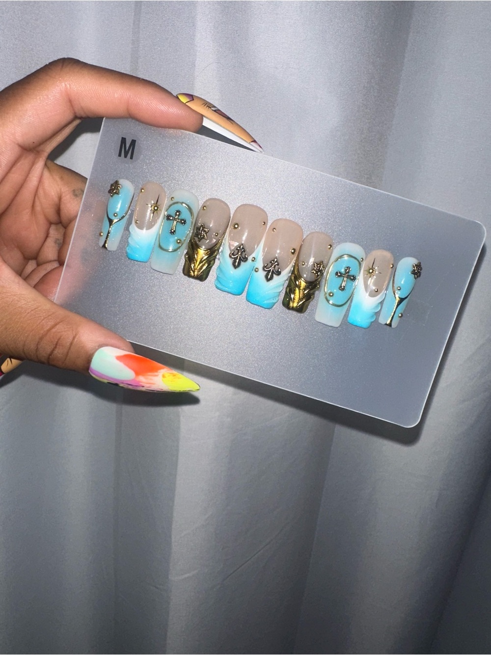 Aqua & Nude Gold Cross Accent Press-On Nail Set